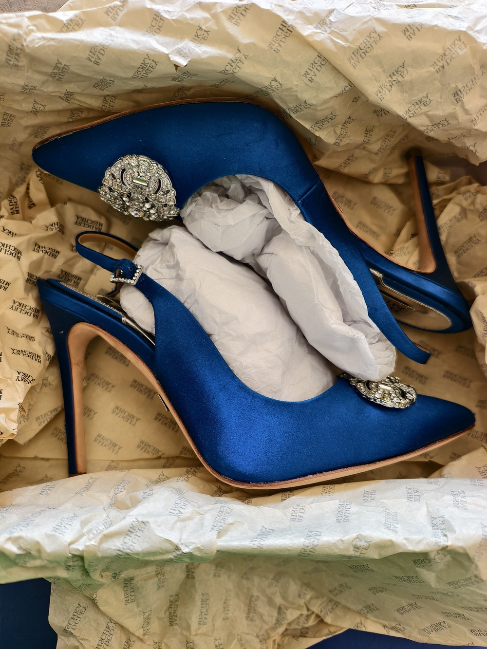 BADGLEY MISCHKA Royal Blue Satin Crystal-Embellished Slingback Pumps size 6